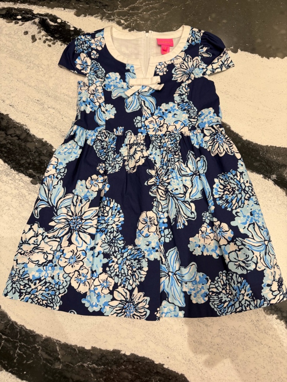 Lily Pulitzer Girls Navy Blue Floral Bow-Front Louise Dress